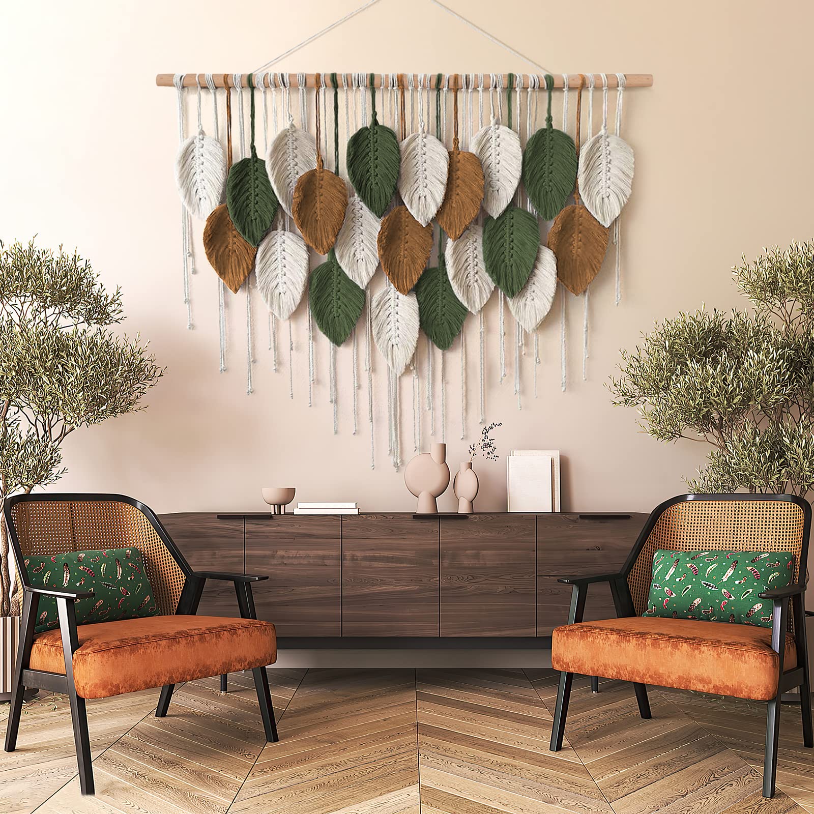 KHOYIME boho wall art with symmetrical design enhances room depth.