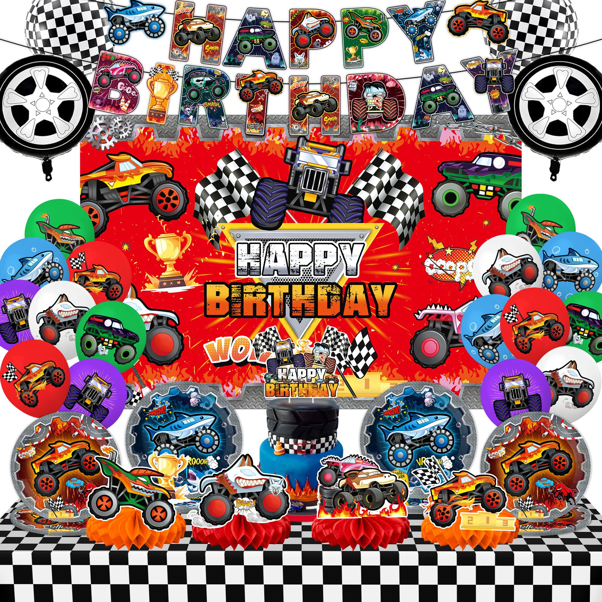 KHPGQIAS Truck Birthday Banner with bold monster-truck art for vibrant party decor.