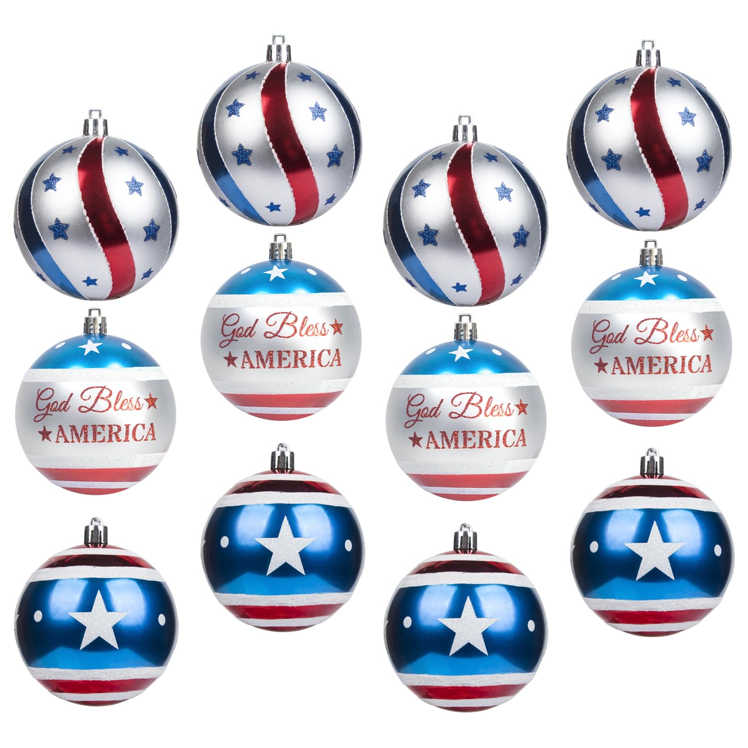 KI Store large patriotic ball ornaments in blue red white for indoor or outdoor displays.