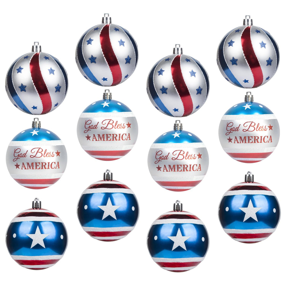 KI Store large patriotic ball ornaments in blue red white for indoor or outdoor displays.