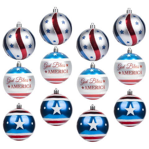 KI Store large patriotic ball ornaments in blue red white for indoor or outdoor displays.
