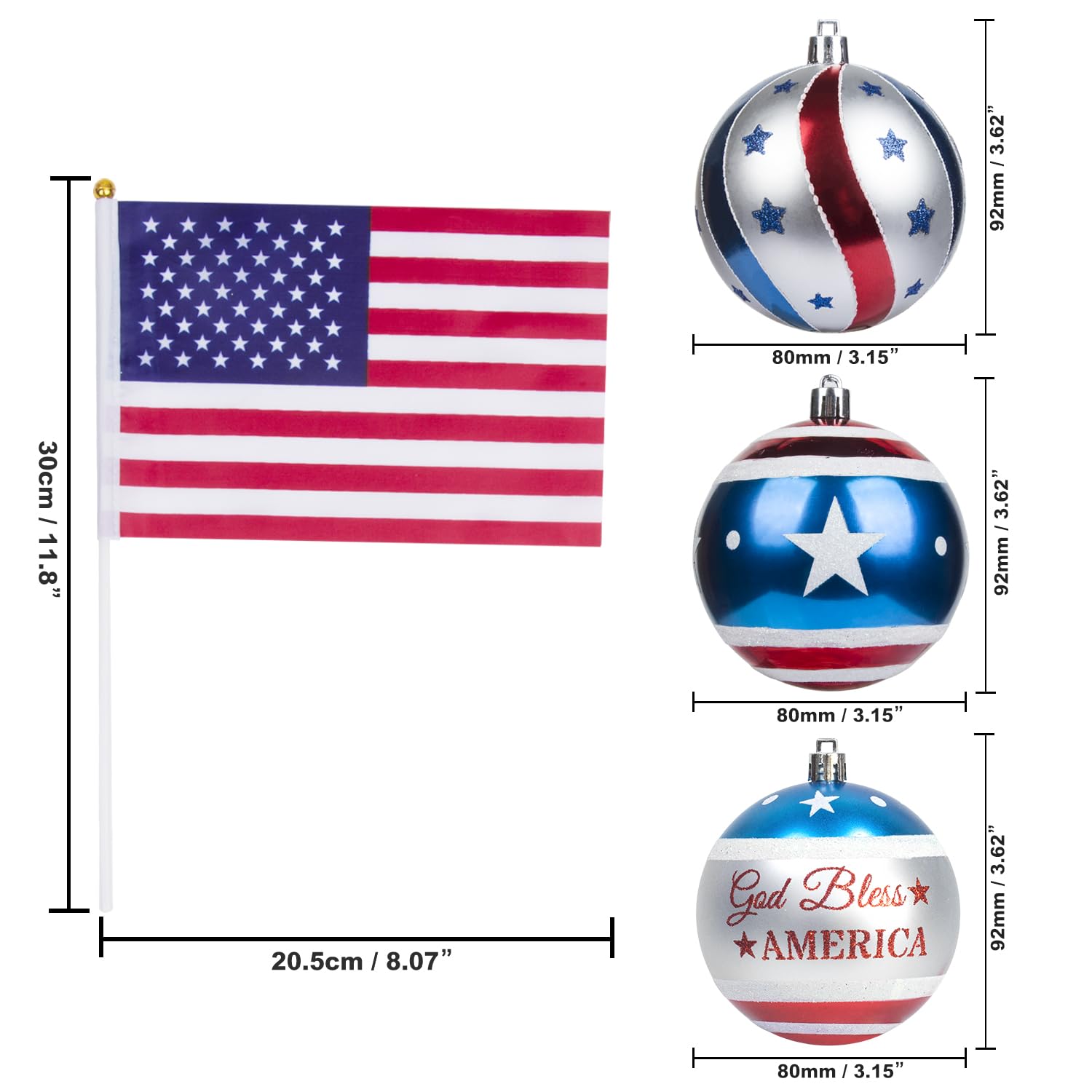 KI Store 3.15-inch patriotic ball ornaments provide bold focal points.
