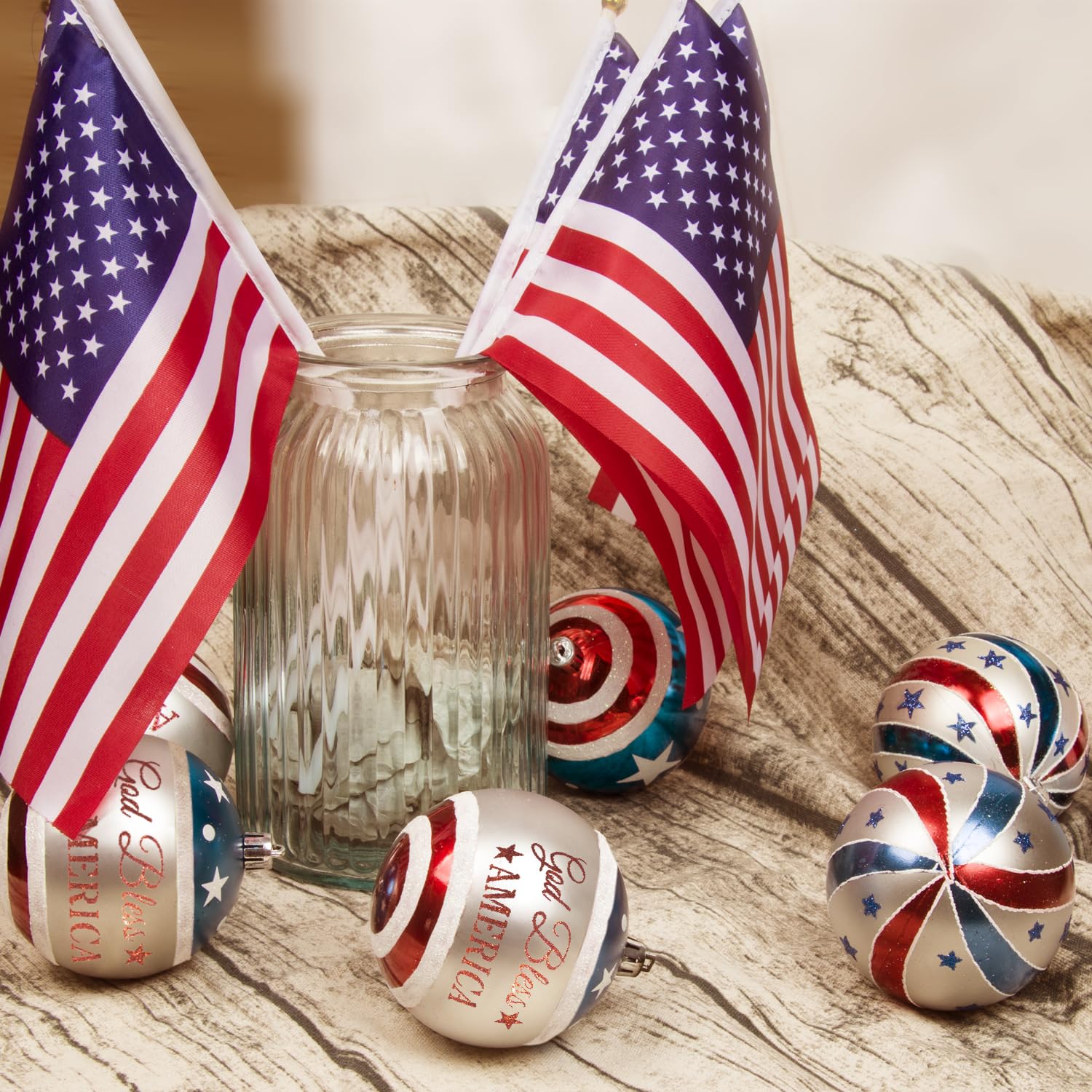 KI Store patriotic ball ornaments with silver caps for a sparkling tree accent.