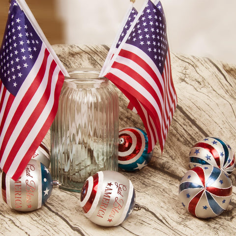 KI Store patriotic ball ornaments with silver caps for a sparkling tree accent.