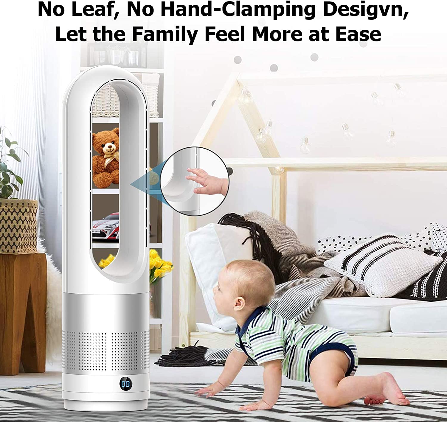 KIAMI bladeless 22-inch tower fan showing 80-degree oscillation range.