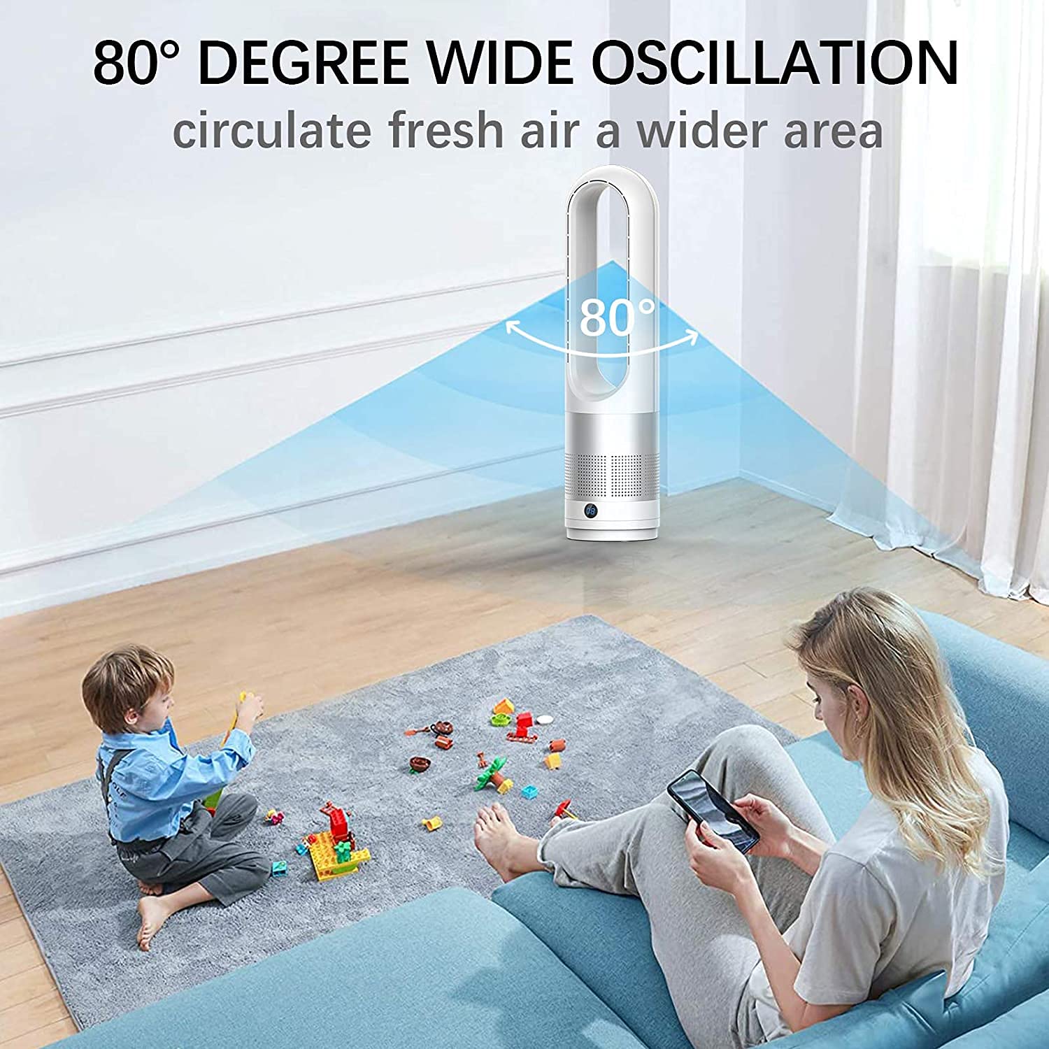 KIAMI bladeless 22-inch tower fan side profile, slim design for compact spaces.