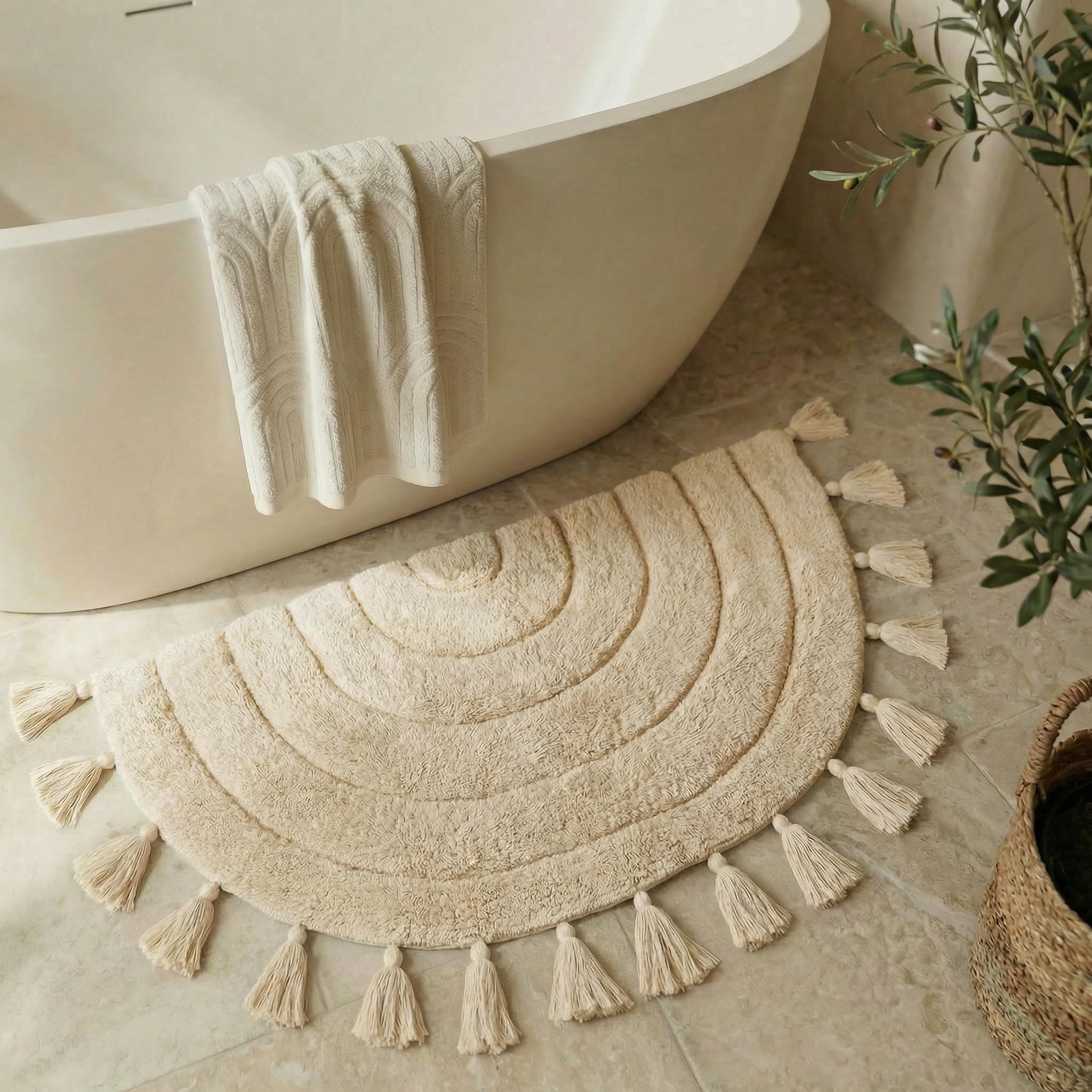 KIBAGA beautiful boho rug with tassels for bathroom adds cozy texture and decorative flair