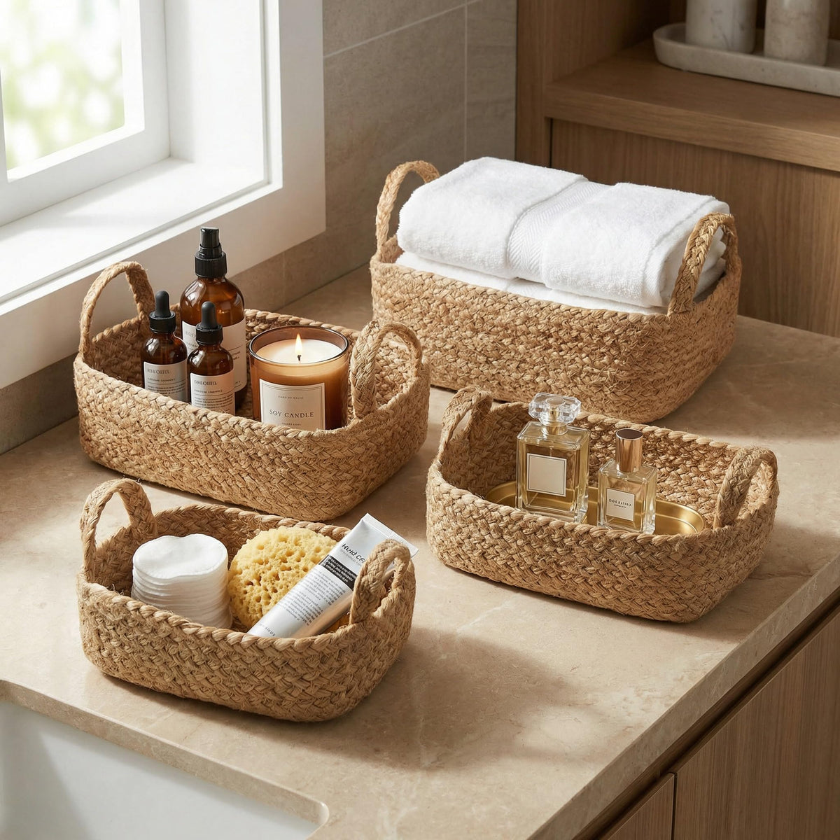 KIBAGA Beautiful Storage Basket Set of 4 arranged on a shelf for versatile home organization.