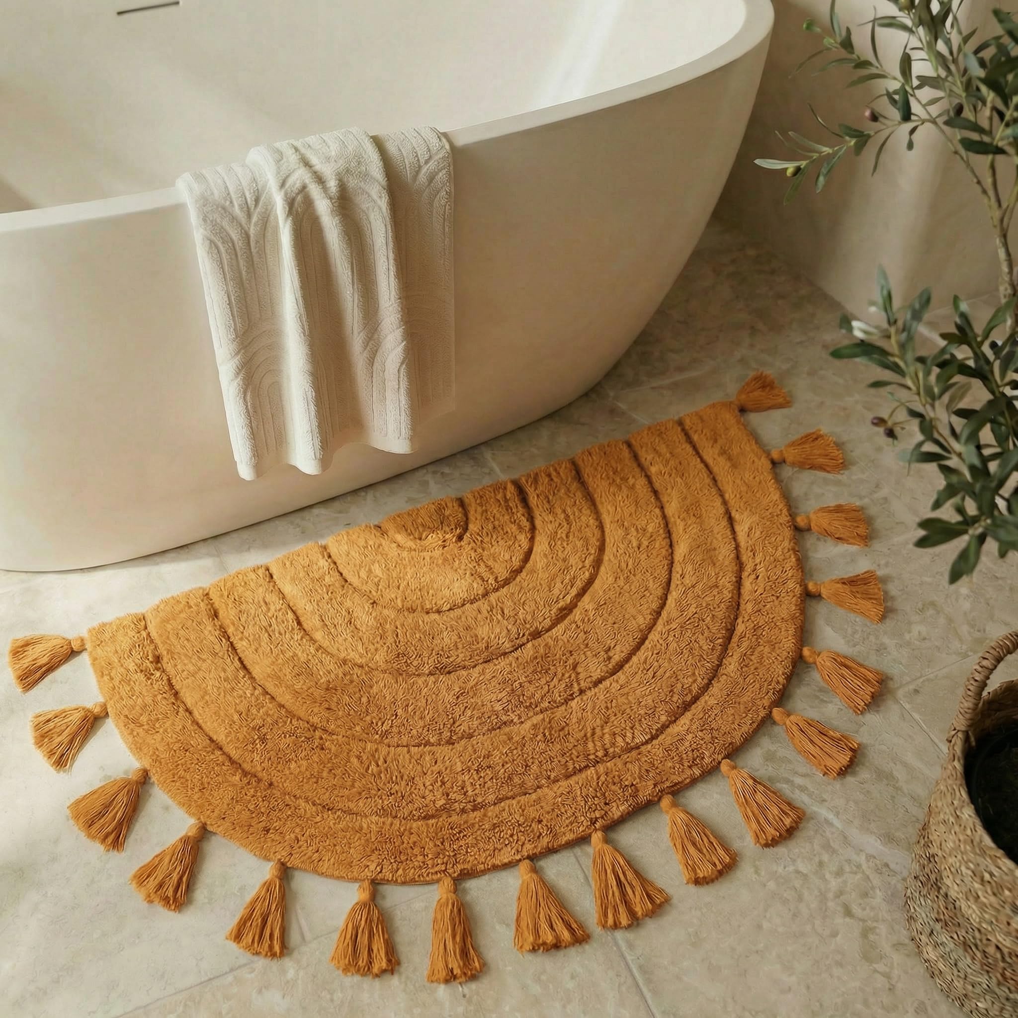 KIBAGA boho bath rug with tassels offers cozy feet and stylish bathroom decor.