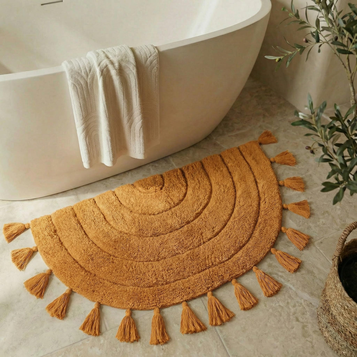 KIBAGA boho bath rug with tassels offers cozy feet and stylish bathroom decor.