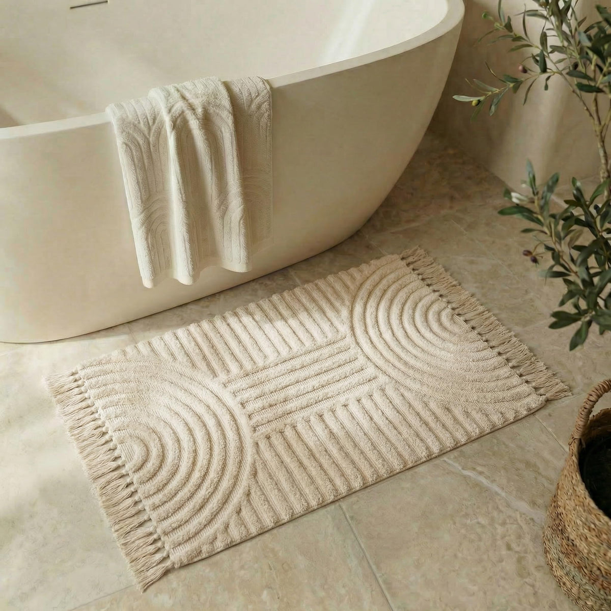 KIBAGA boho rug with tassels for bathroom adds cozy texture underfoot.