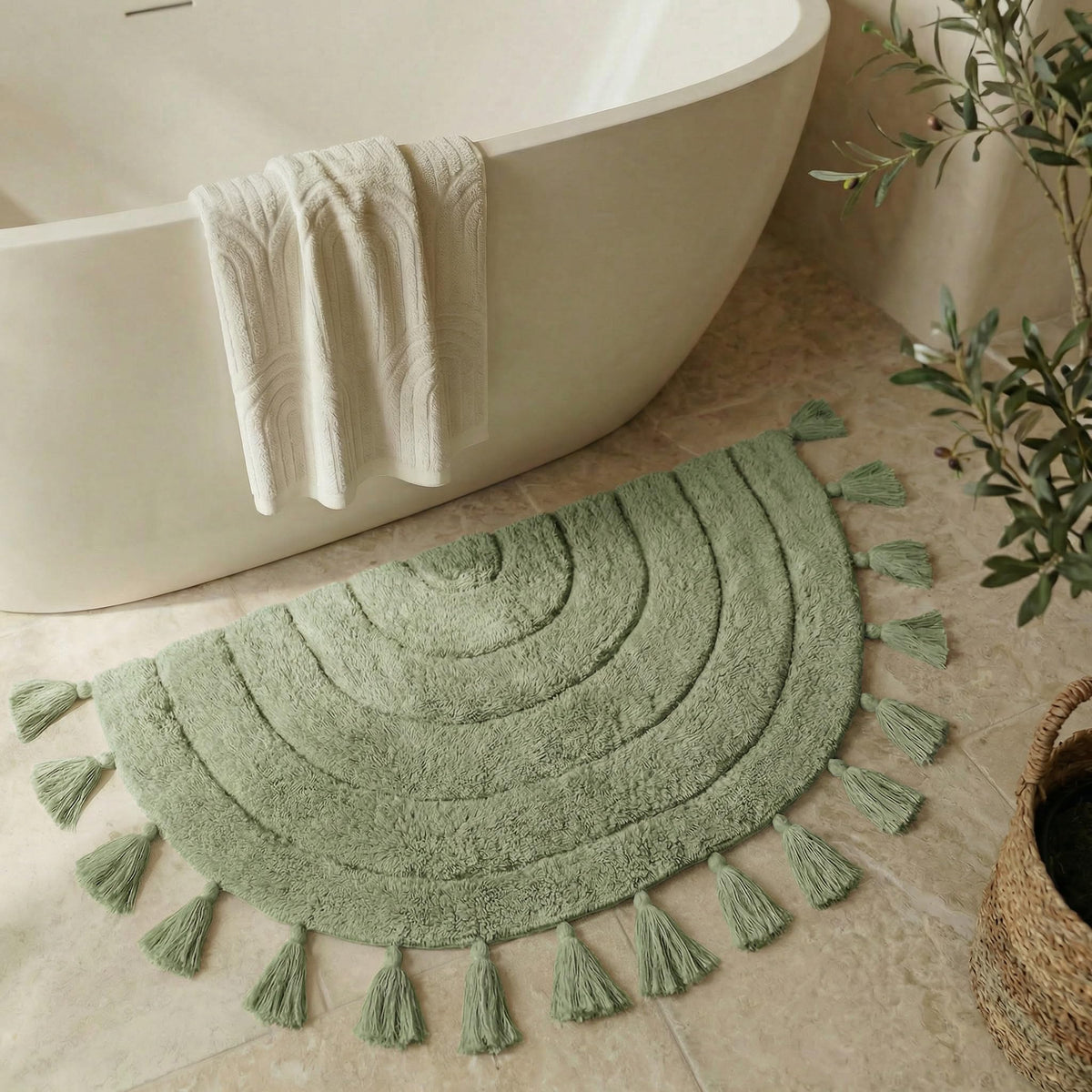KIBAGA boho rug with tassels for bathroom adds cozy charm and texture