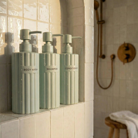 KIBAGA fluted shampoo dispenser bottle shows large 19oz capacity for less frequent refills