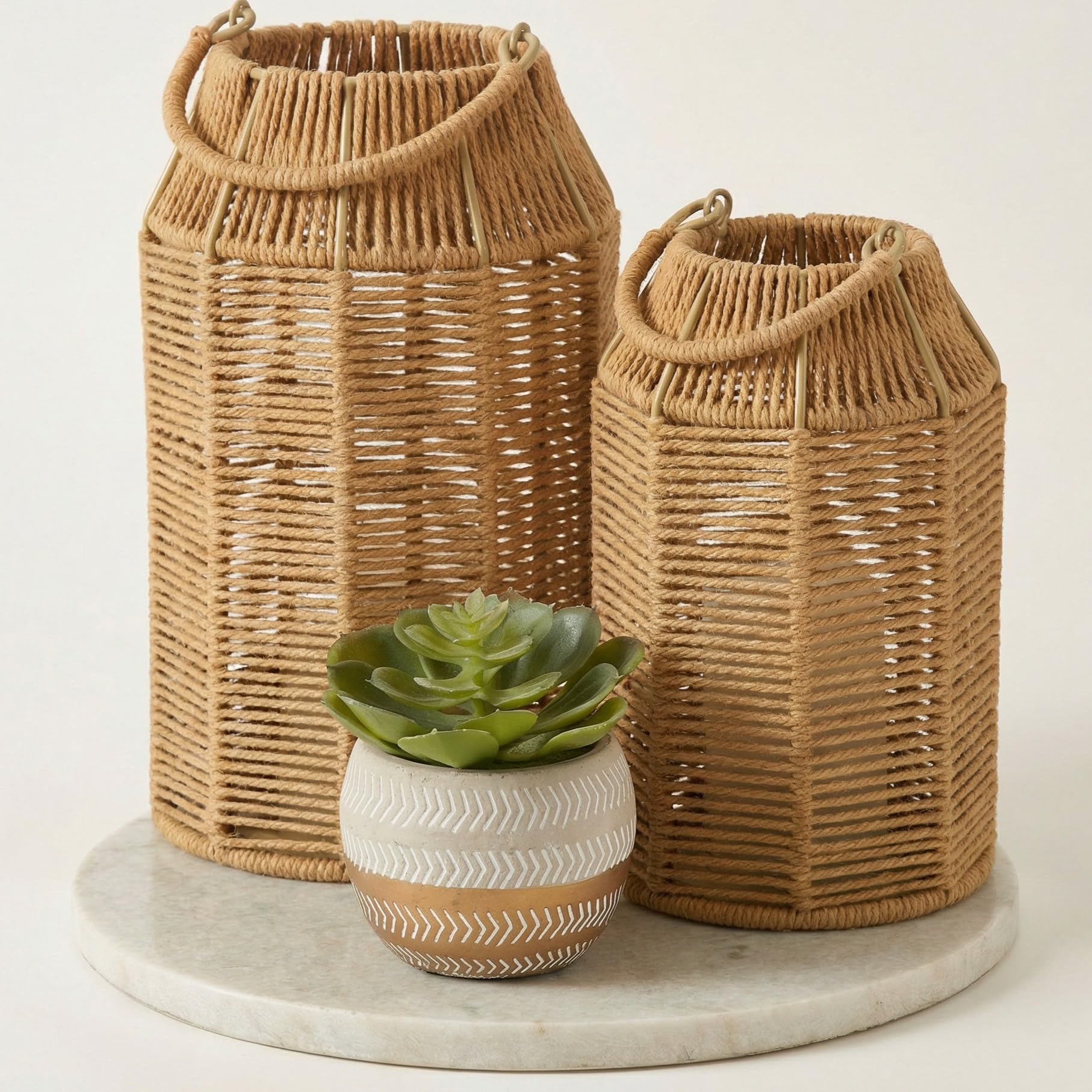 KIBAGA Natural Jute Lantern Large with warm glow for coffee table decor