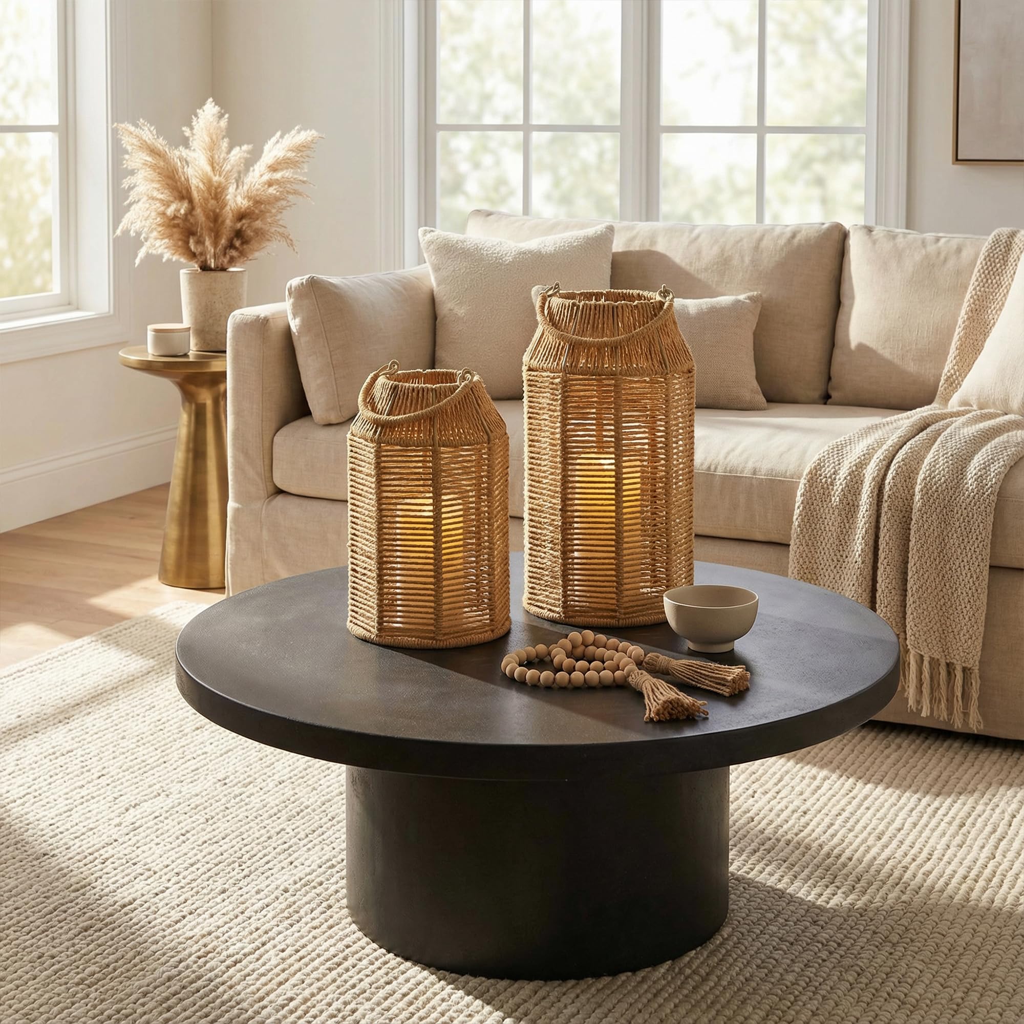 KIBAGA Natural Jute Lantern Small with intimate ambient light on shelves