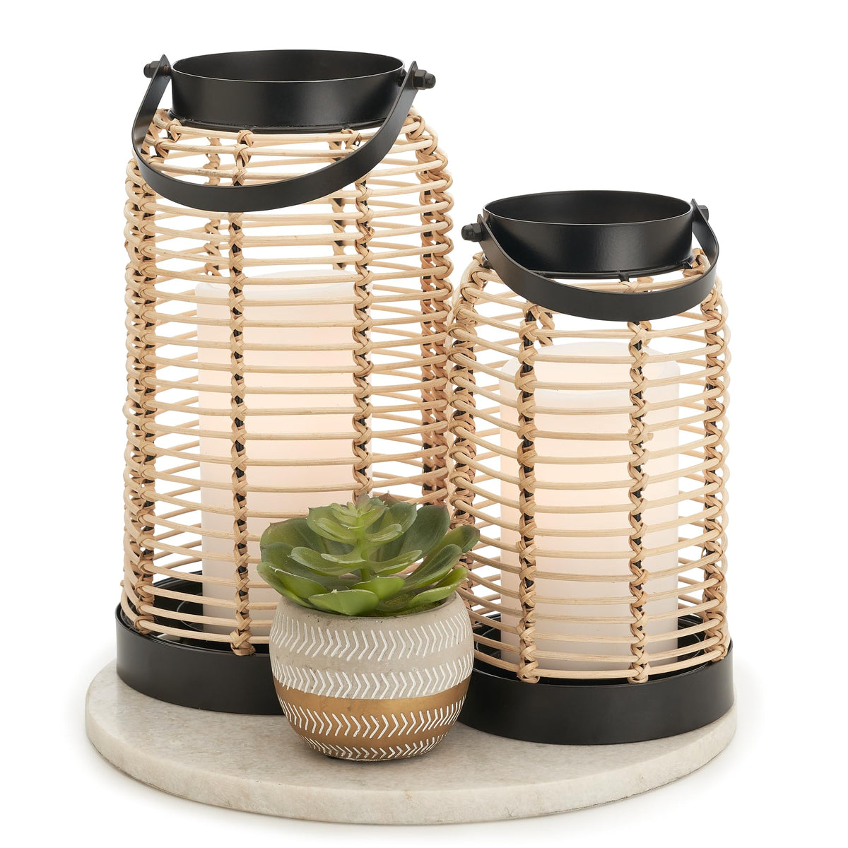 KIBAGA natural rattan lantern big, side view, warm centerpiece glow