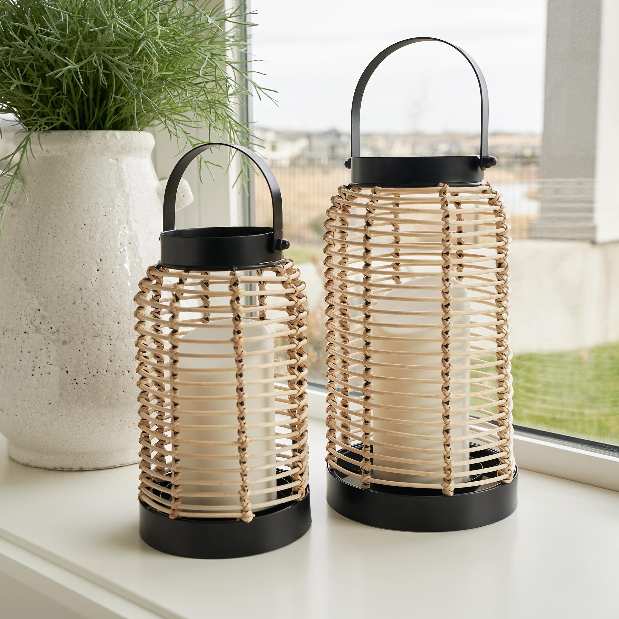 KIBAGA natural rattan lantern small, front angle, intimate dining glow