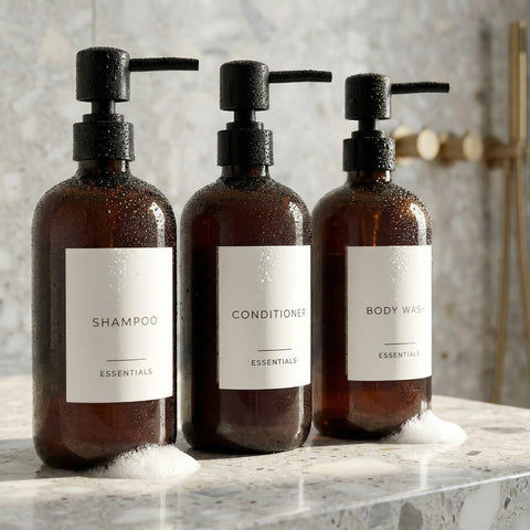 KIBAGA shampoo dispenser 21oz bottle with label for organized bathroom.