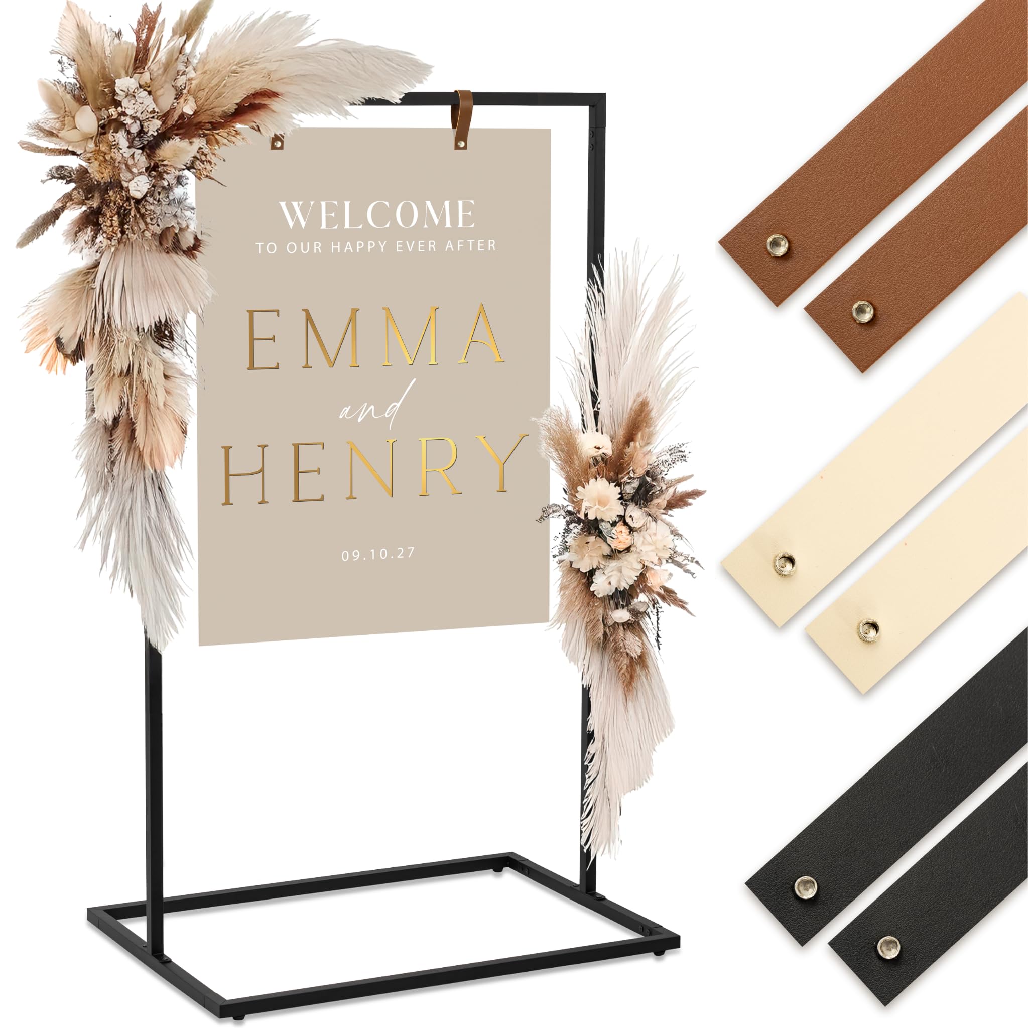 KIBAGA wedding sign stand front view shows sturdy black metal frame for elegant greetings.