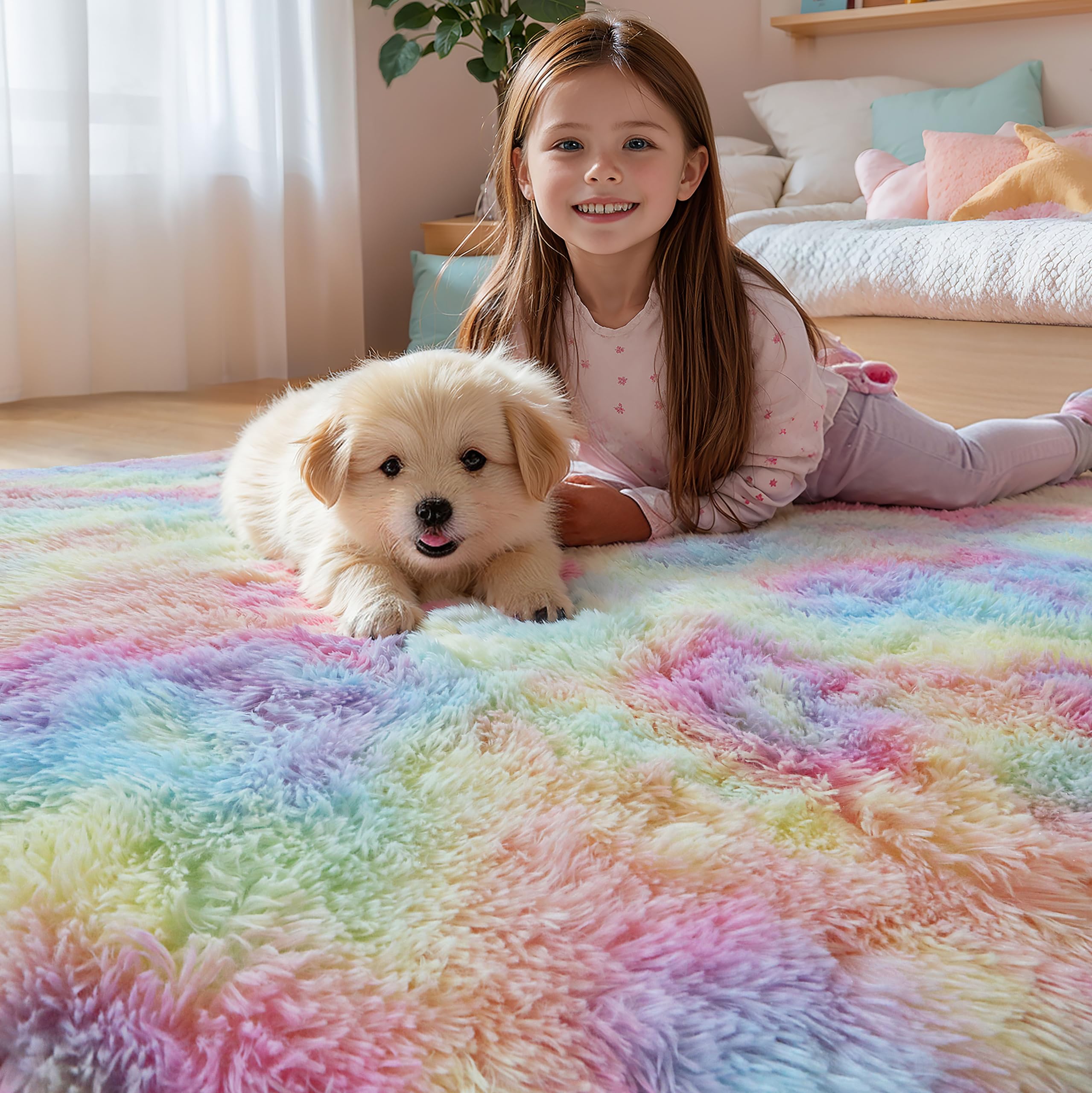 KICHOWUA rainbow rug in 5x8 size brings warm play space to bedrooms.