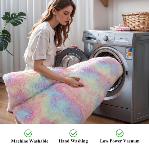 KICHOWUA rainbow rug is machine washable for easy cleaning and maintenance.