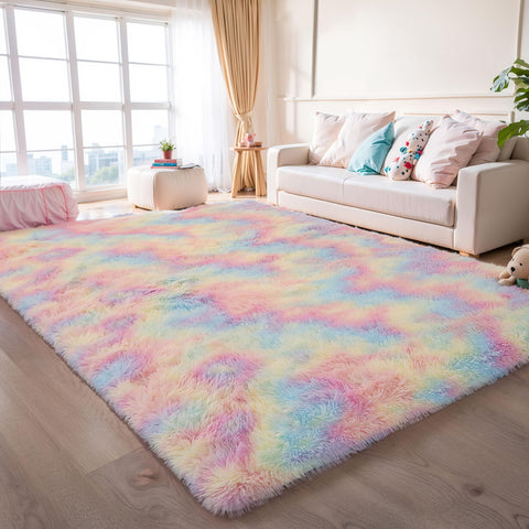 KICHOWUA rainbow rug ships vacuum-packed and resumes fluff after unpacking.