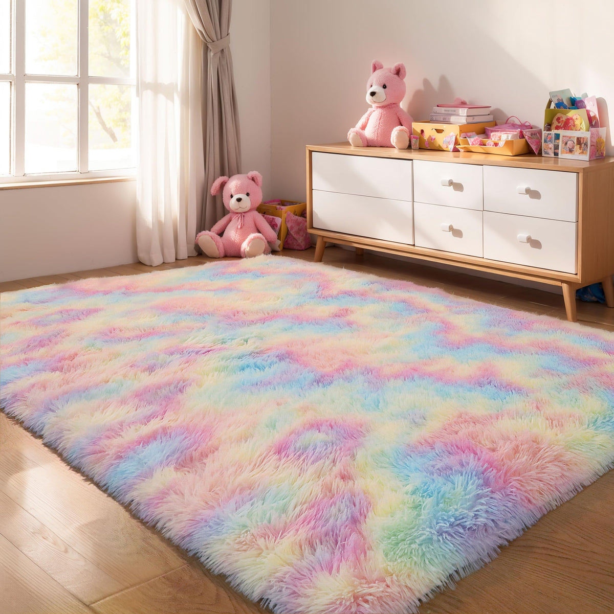 KICHOWUA rainbow rug with plush shag texture adds cozy color to a kid's room.