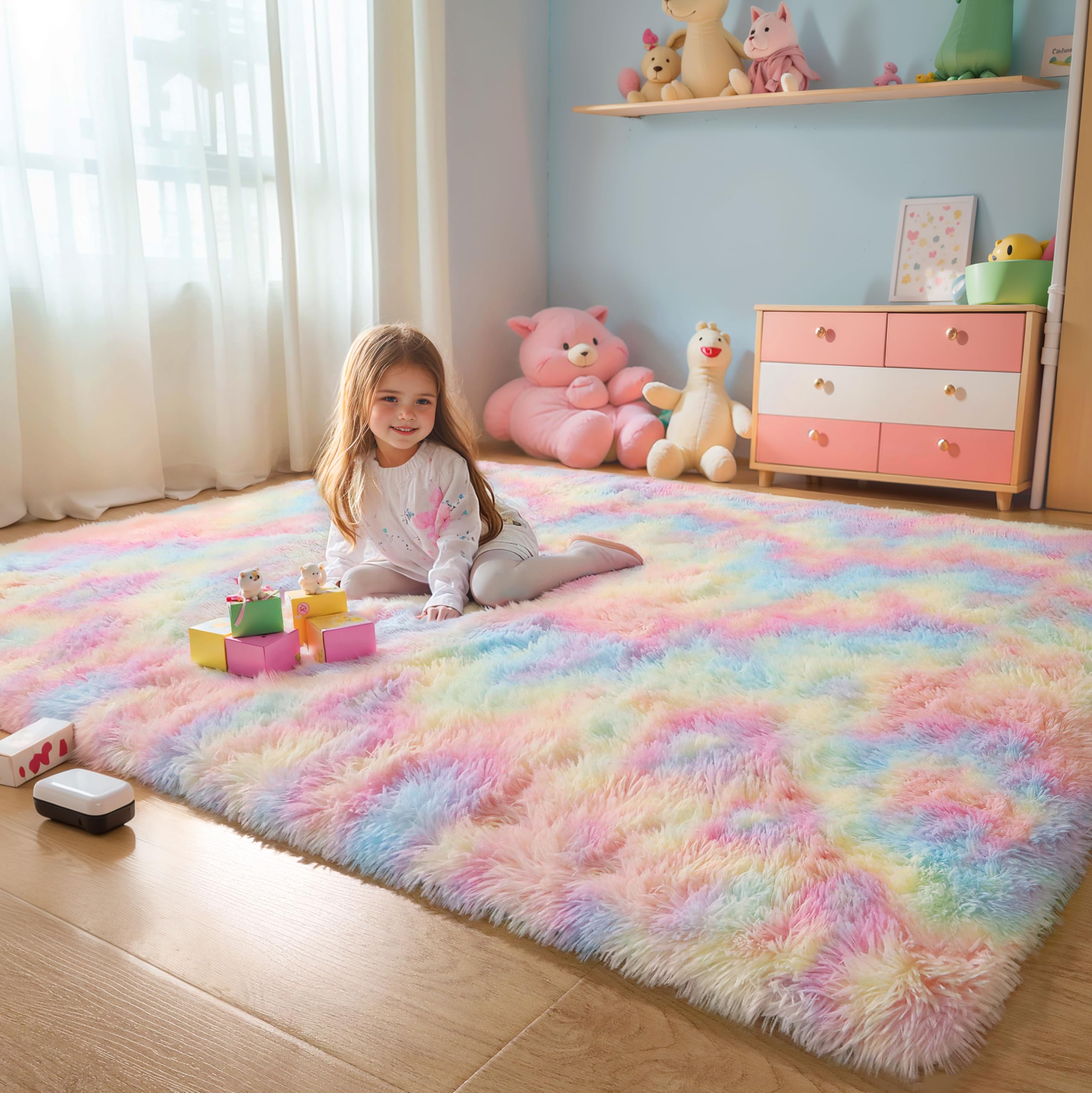 KICHOWUA rainbow rug uses premium polyester for soft, durable comfort.