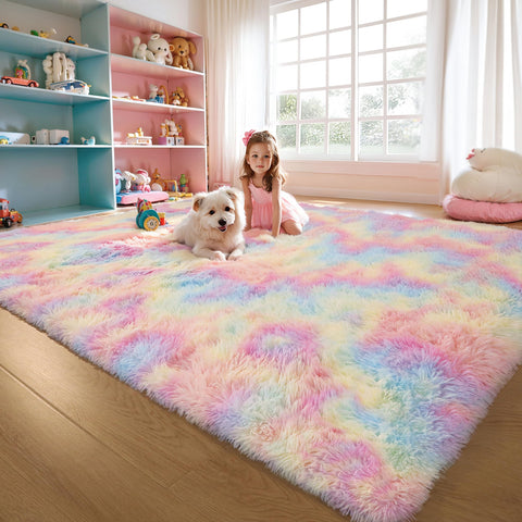 KICHOWUA rainbow shaggy unicorn rug adds ultra-soft comfort to kids' rooms.