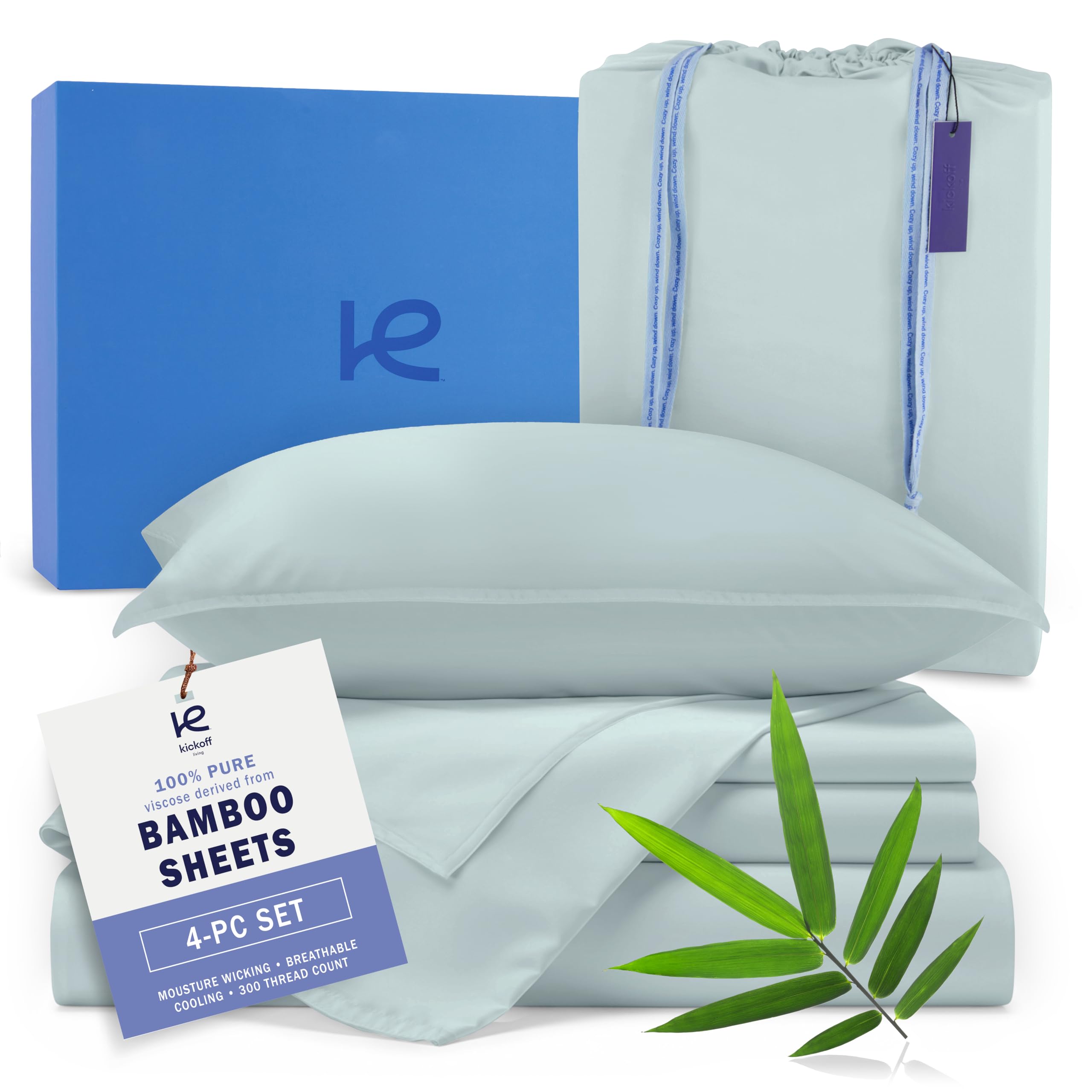 Kickoff Home viscose bamboo king 4pc coastal blue sheets for cooling comfort all night