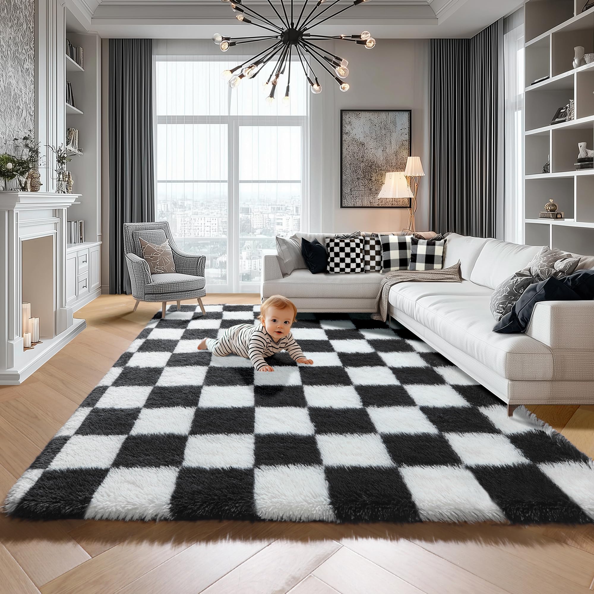 KICMOR 5x7 rug with checkerboard design adds cozy warmth to living rooms.