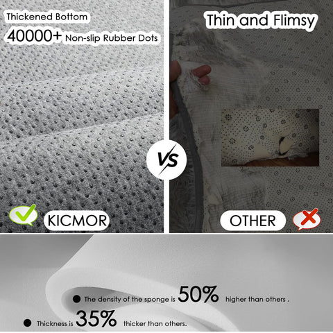 KICMOR rug features non-slip bottom to reduce shifting on hard floors.