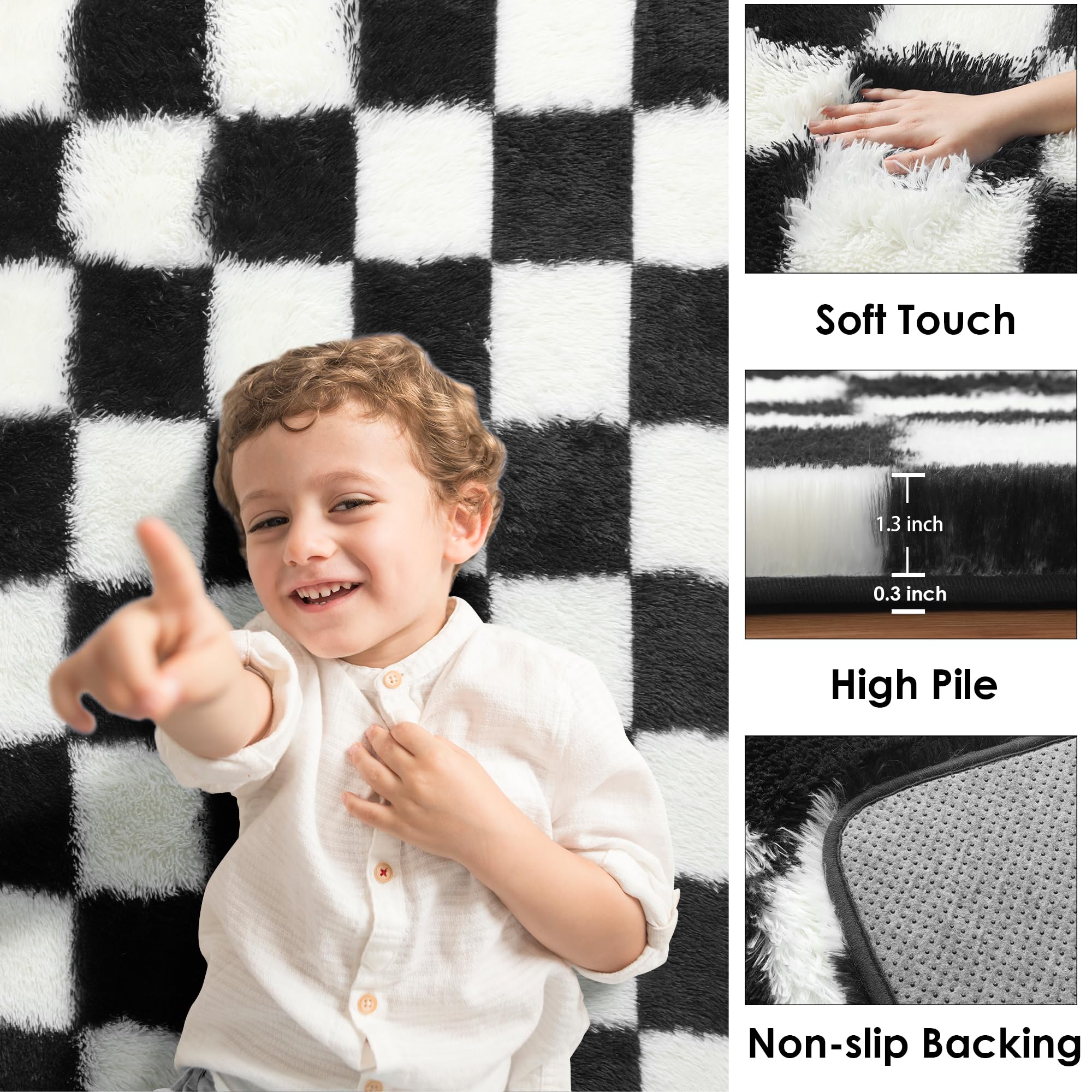 KICMOR rug living room 5x8 view emphasizes bold black-and-white contrast.