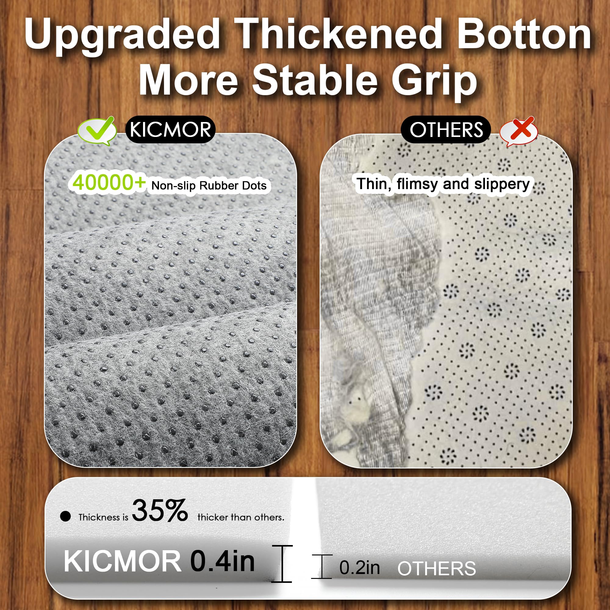 KICMOR non-slip bottom keeps the rug in place on smooth floors.