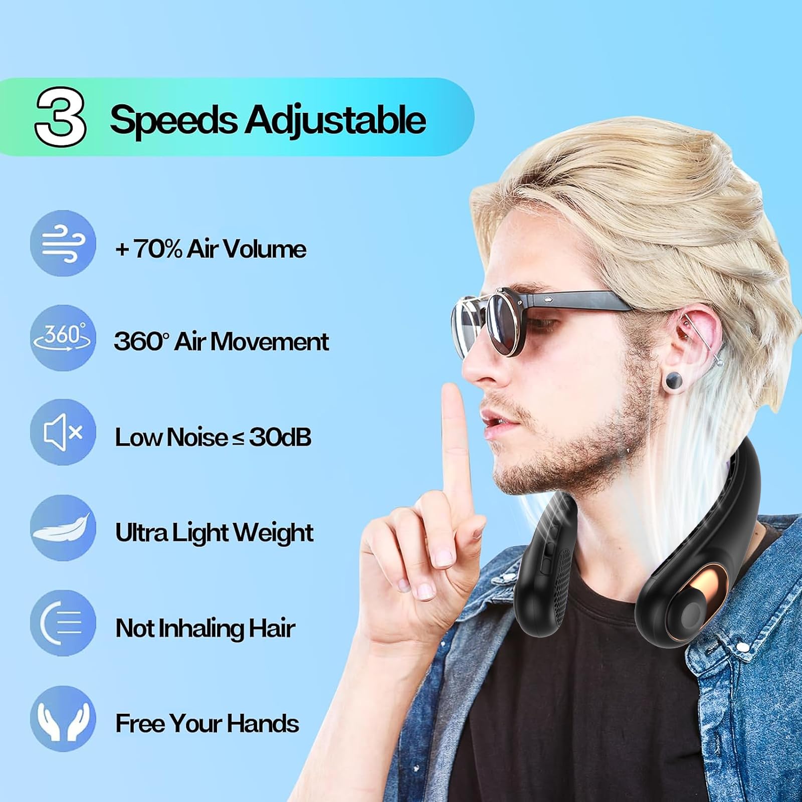 KIDEE neck fan with 360-degree airflow for all directions cooling.