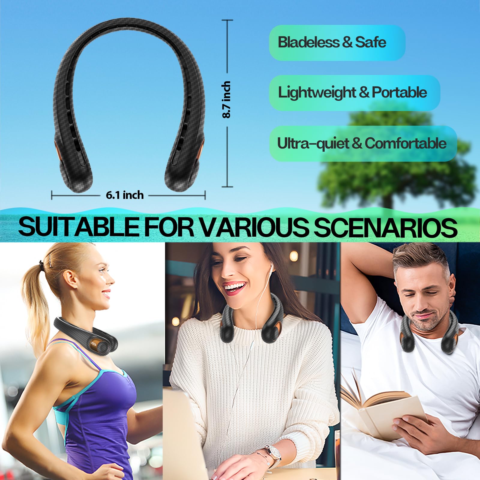 KIDEE wearable neck fan hands-free design for commuting or workouts.