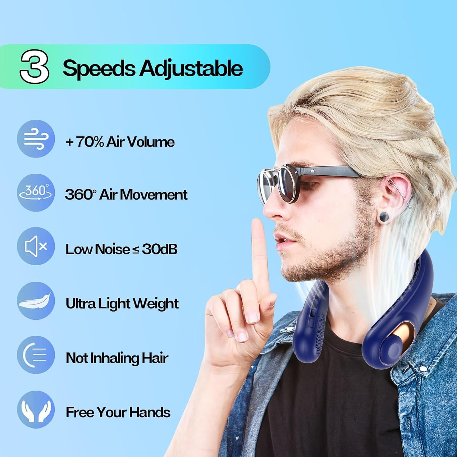 KIDEE neck fan features 360° air outlet for even coverage during travel.