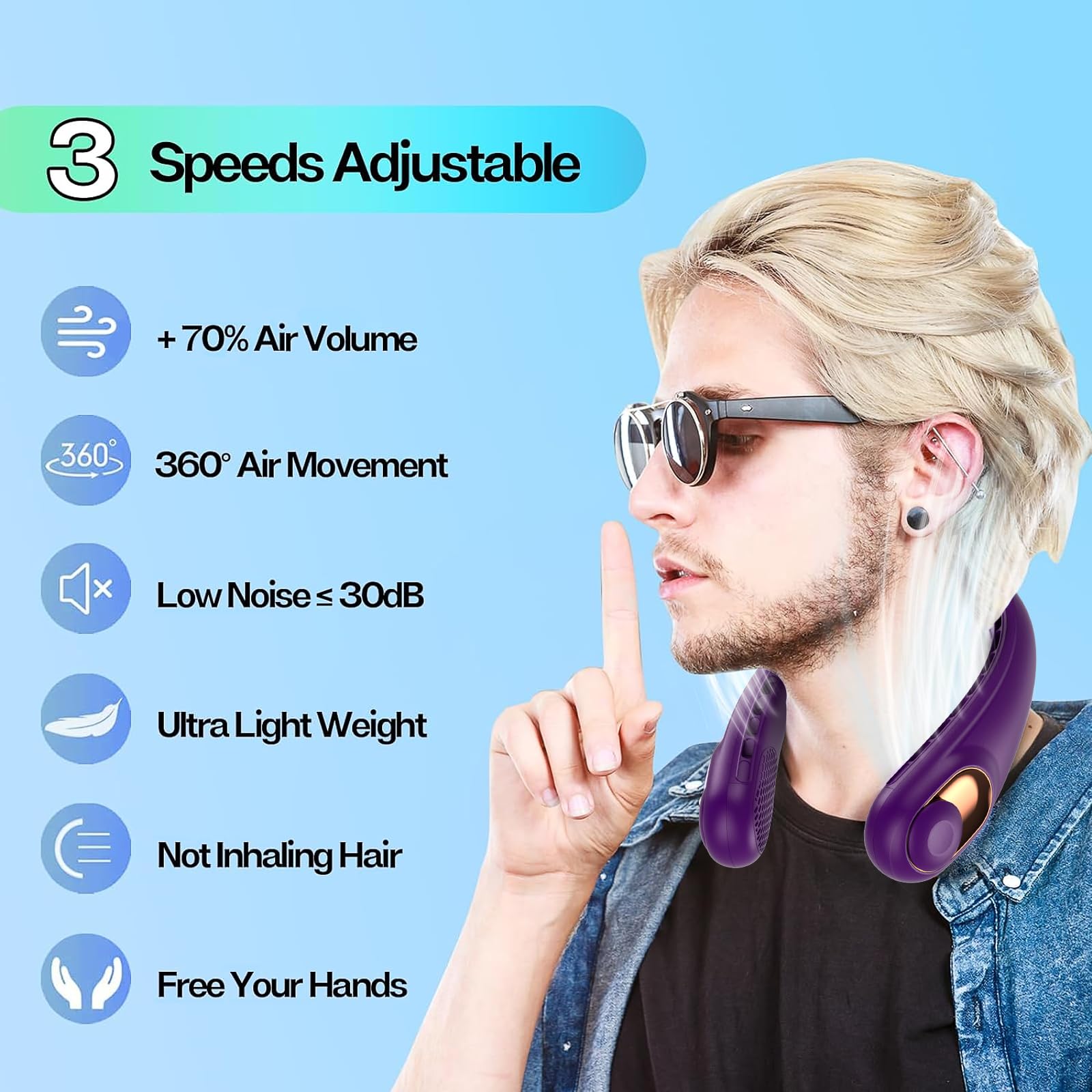 KIDEE neck fan worn style demonstrates hands-free convenience with a fashionable look