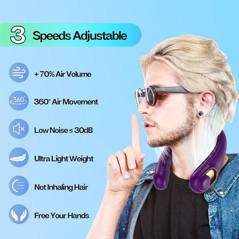KIDEE neck fan worn style demonstrates hands-free convenience with a fashionable look