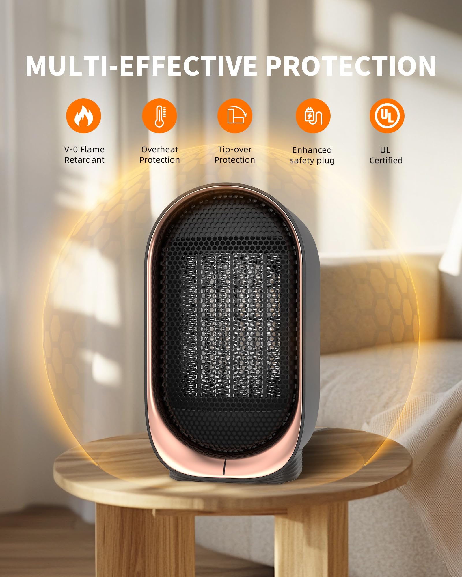 KIDEE space heater side view highlighting compact body for desks