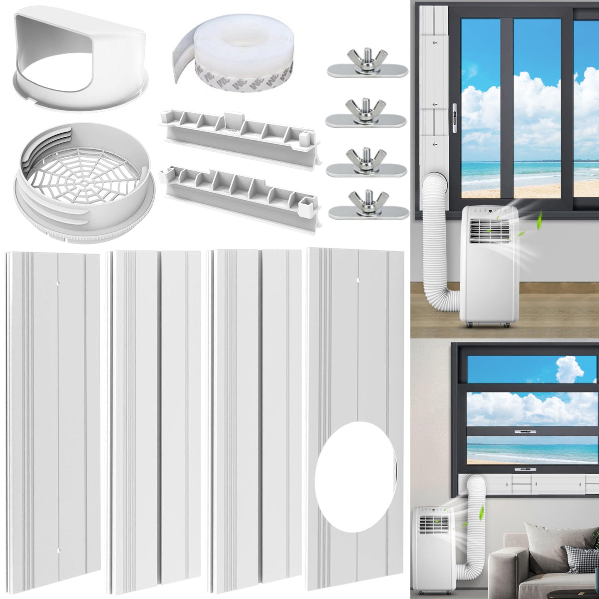 Kifiray portable AC window kit with universal coupler connects 5.1 and 5.9 inch hoses for flexible setup.