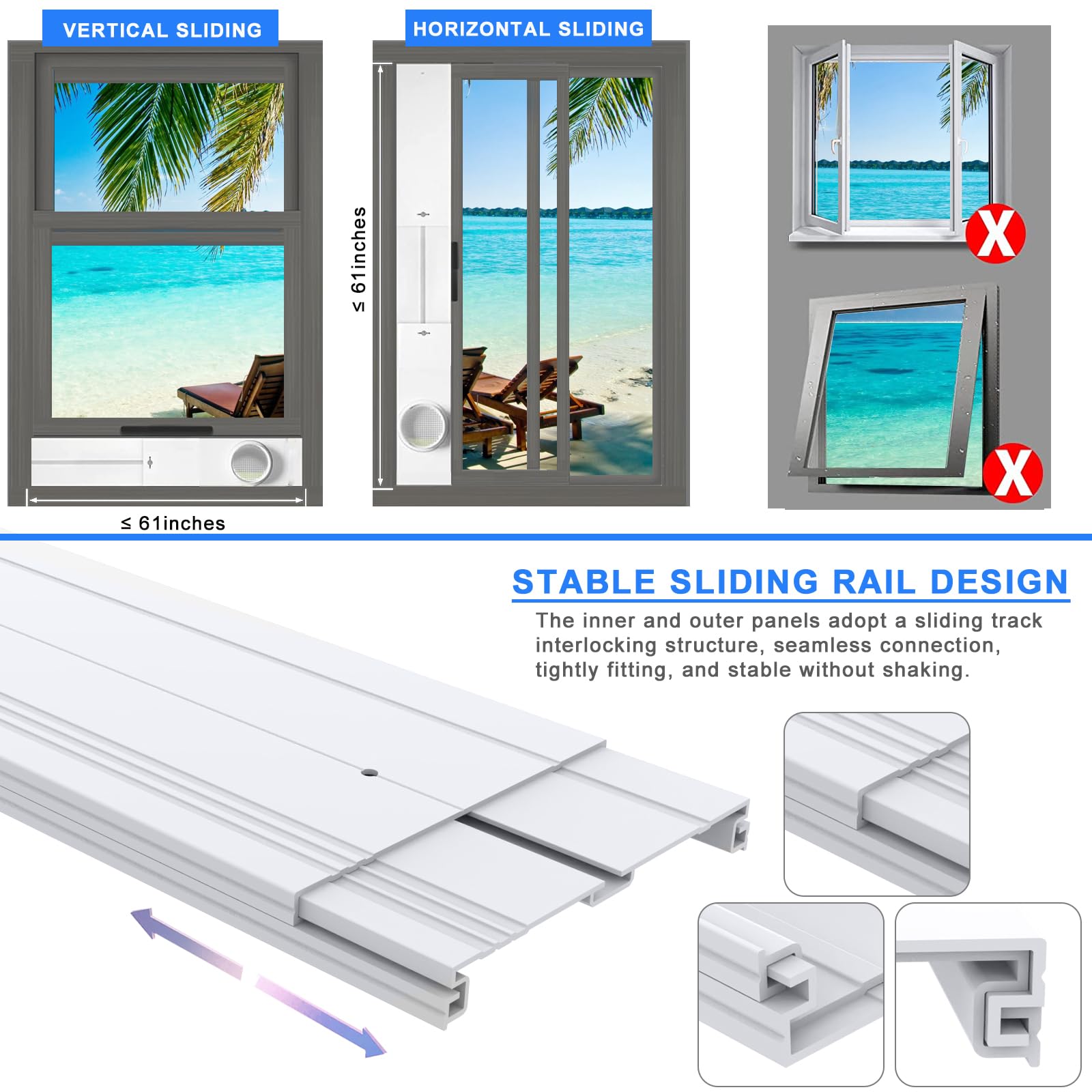 Kifiray window kit compatible with vertical and horizontal sliding windows.