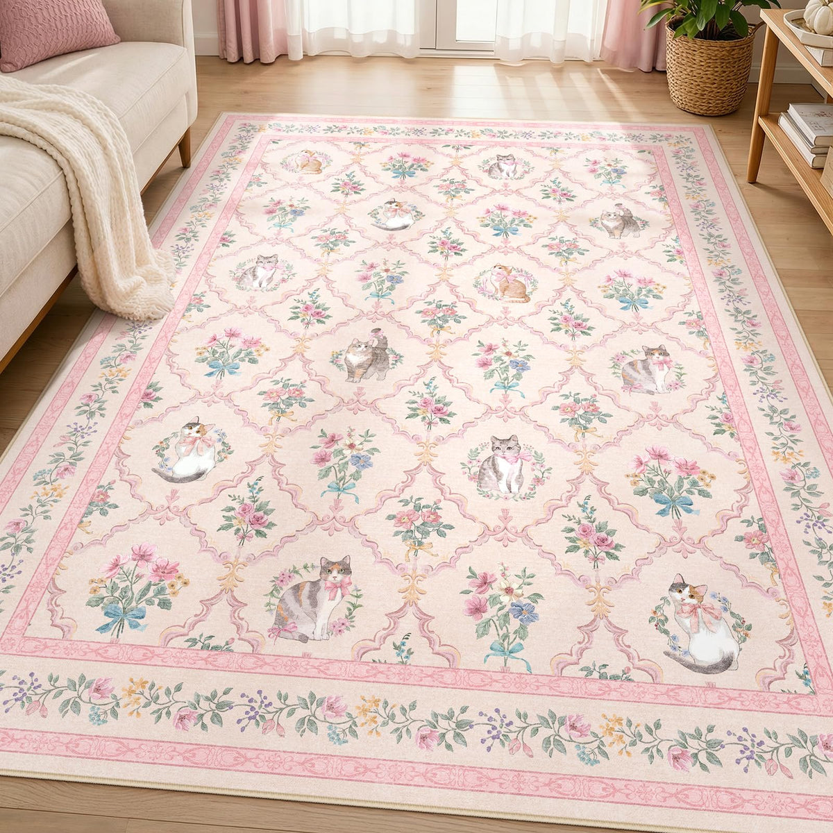 Kiginara pink floral cat design rug adds cheerful charm to girls' room.