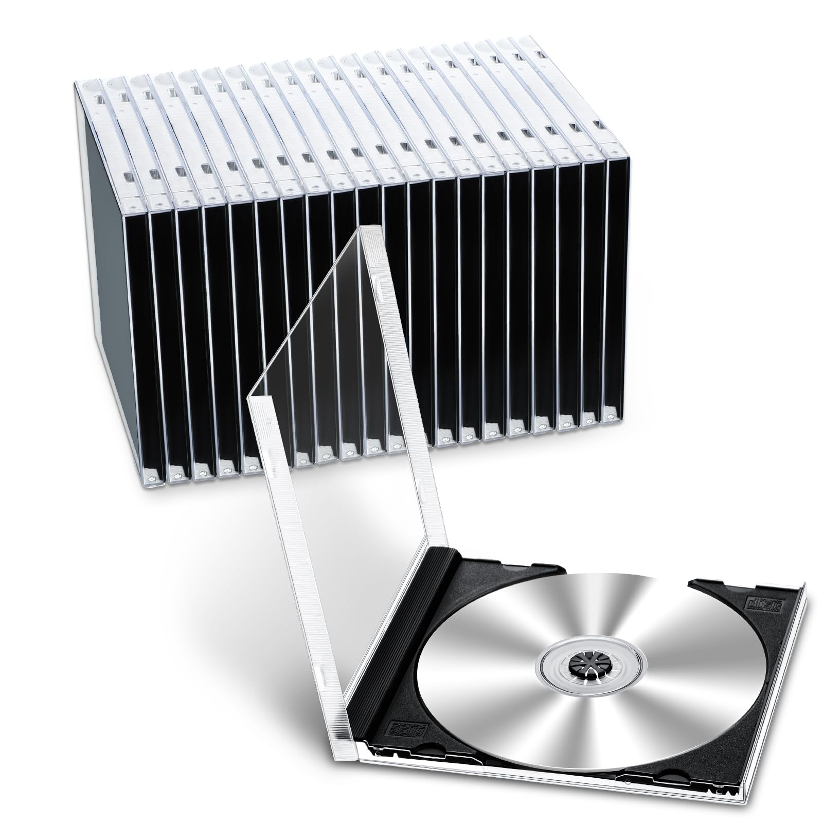 Kigley 25-pack black jewel cases stacked for organized storage