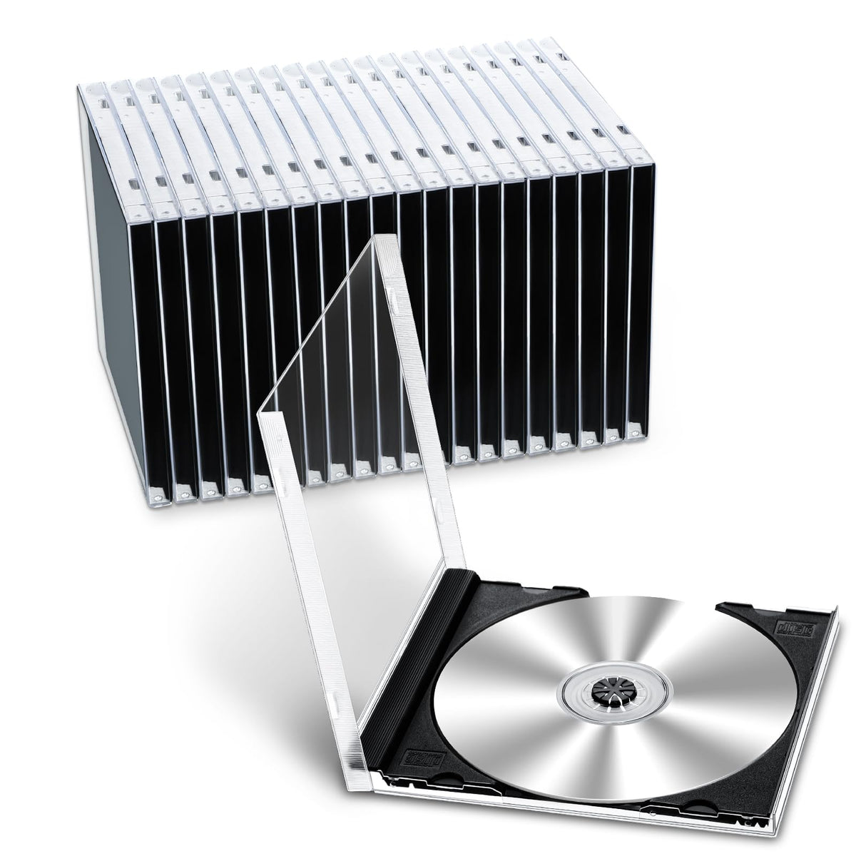 Kigley 25-pack black jewel cases stacked for organized storage