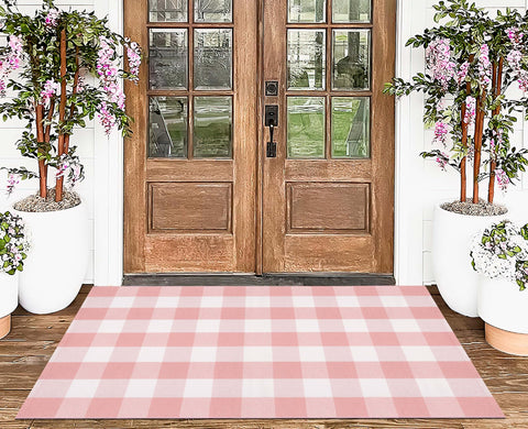 KIhipIoe bedroom side rug in soft pink plaid offers cozy comfort beside beds.