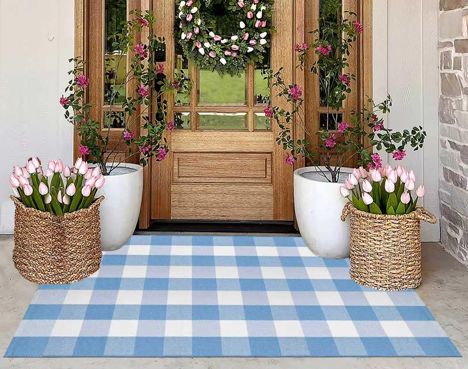 KIhipIoe buffalo plaid rug front-door mat; soft cotton for a welcoming entryway.