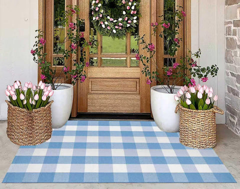 KIhipIoe buffalo plaid rug front-door mat; soft cotton for a welcoming entryway.