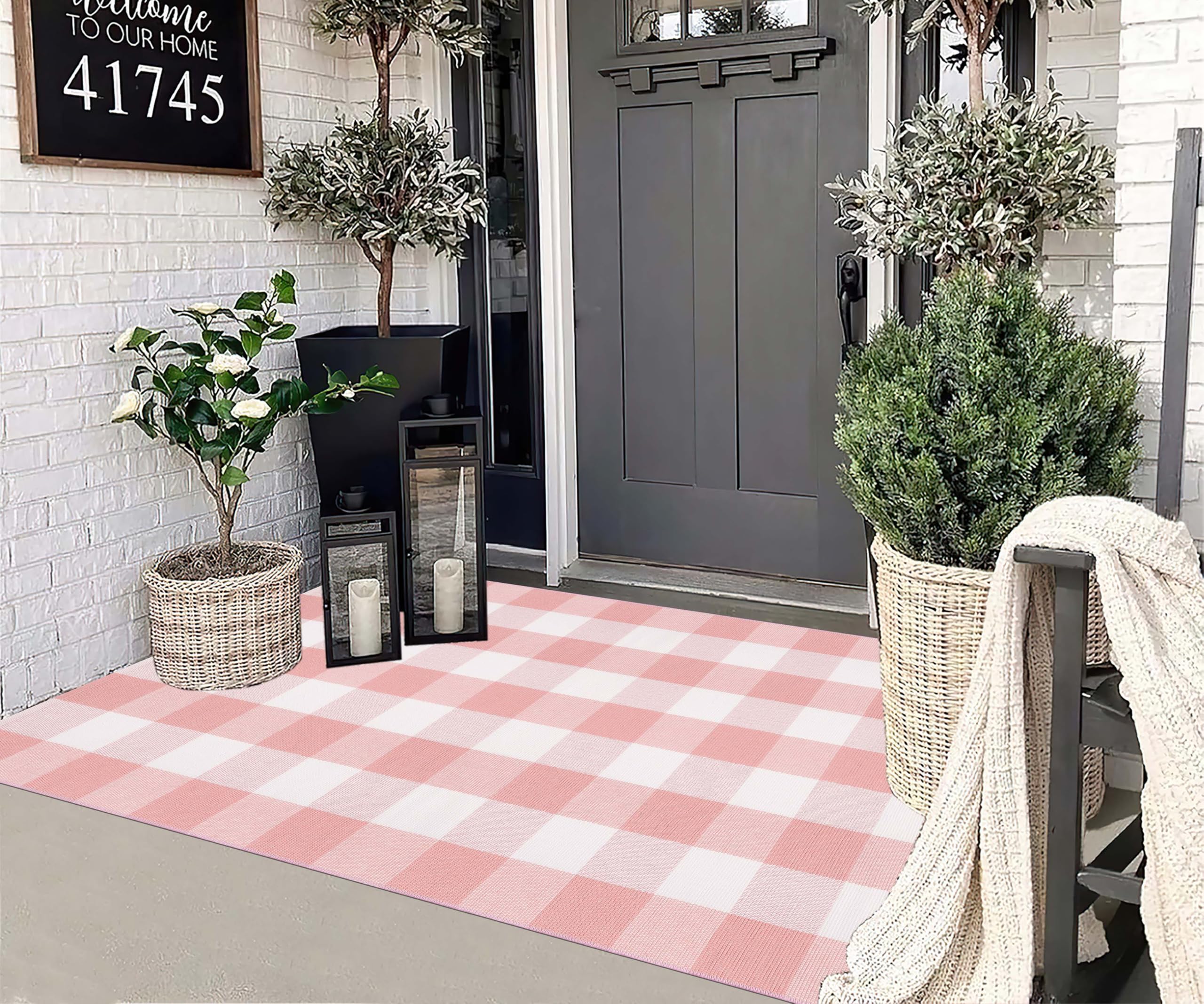 KIhipIoe front-door plaid rug shown as welcome mat, blending style and practicality.