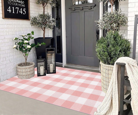 KIhipIoe front-door plaid rug shown as welcome mat, blending style and practicality.